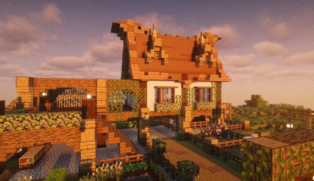 Farm Estate: a two-storey farmhouse with an orange-tiled roof, vines and fenced crop fields