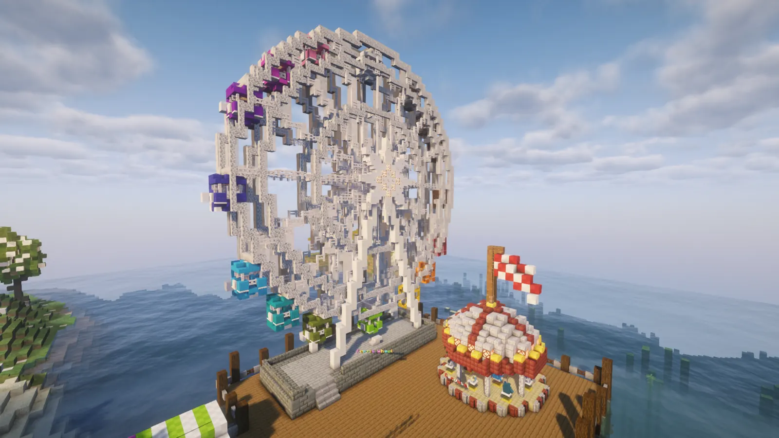 Seaside Ferris Wheel: A giant Ferris wheel with coloured cabins and a striped carousel on a pier above the sea