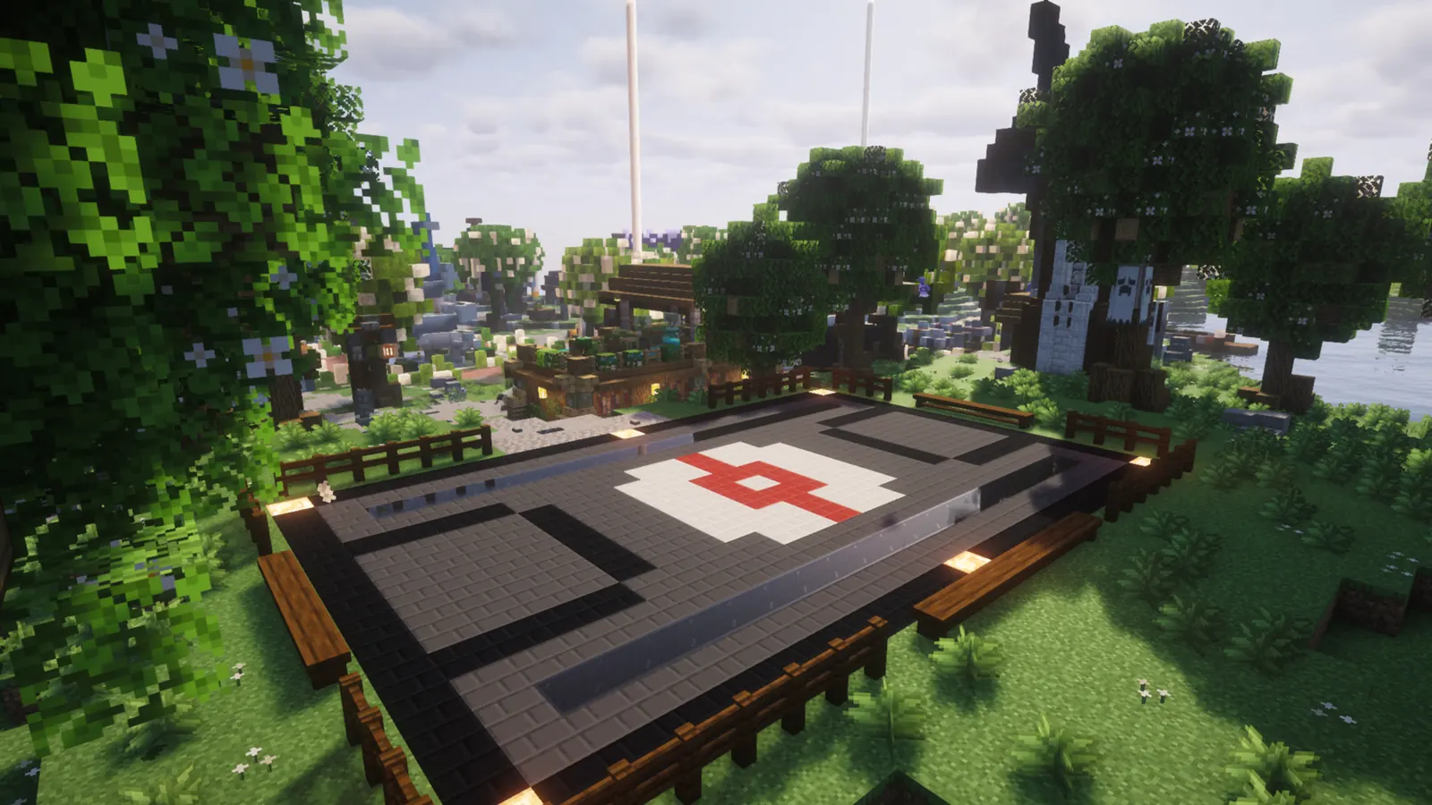 Battle Arena: A battle court with a Poké Ball centre mark, fenced in by benches and trees
